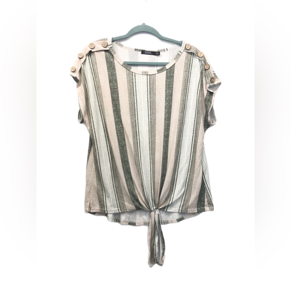 CURE Women’s Blouse‎ Size L Short Cap Sleeve Casual Top Tie Front Stretchy.